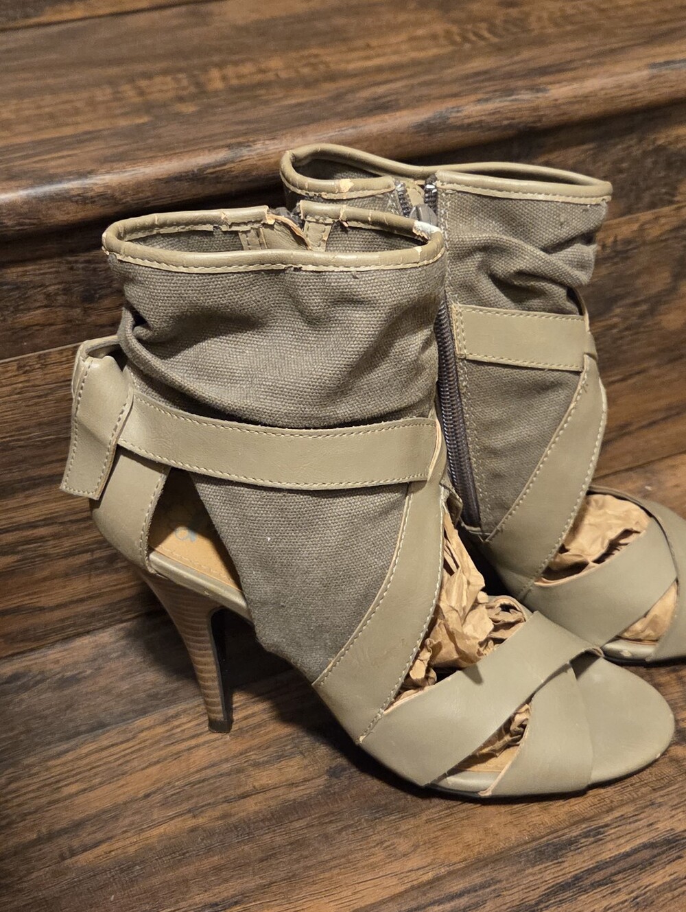 Fergalicious taupe heels featuring a canvas and faux leather mix Size 6